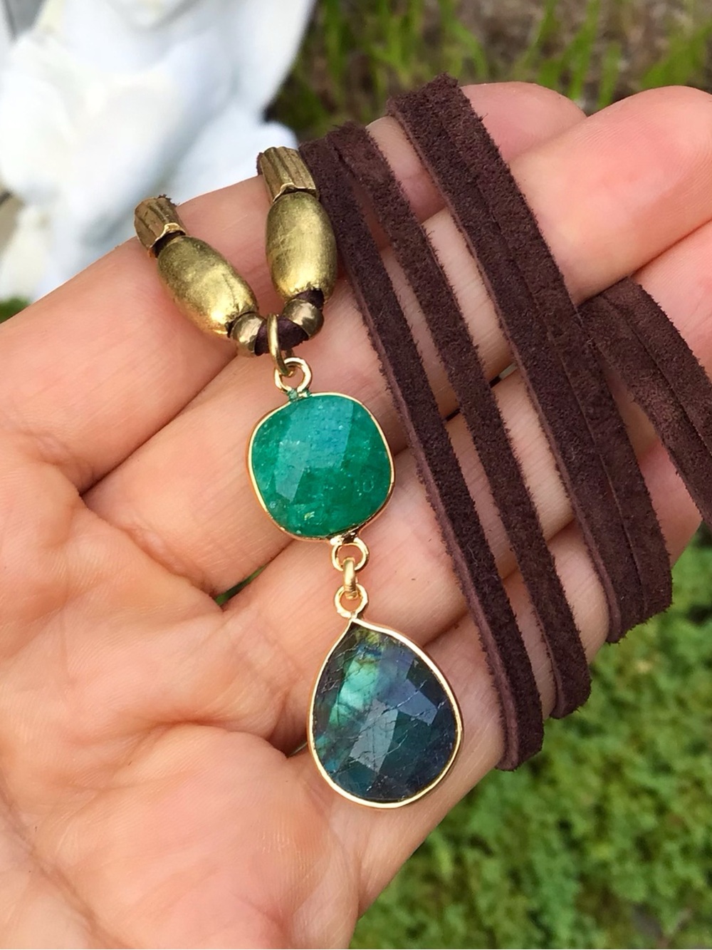 Natural Labradorite Emerald leather suede cord Sundance Charm Necklace SALE